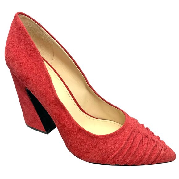 NINE WEST Harlynn Red Suede Ruche Vamp Block Heel Pumps - Picture 2 of 11